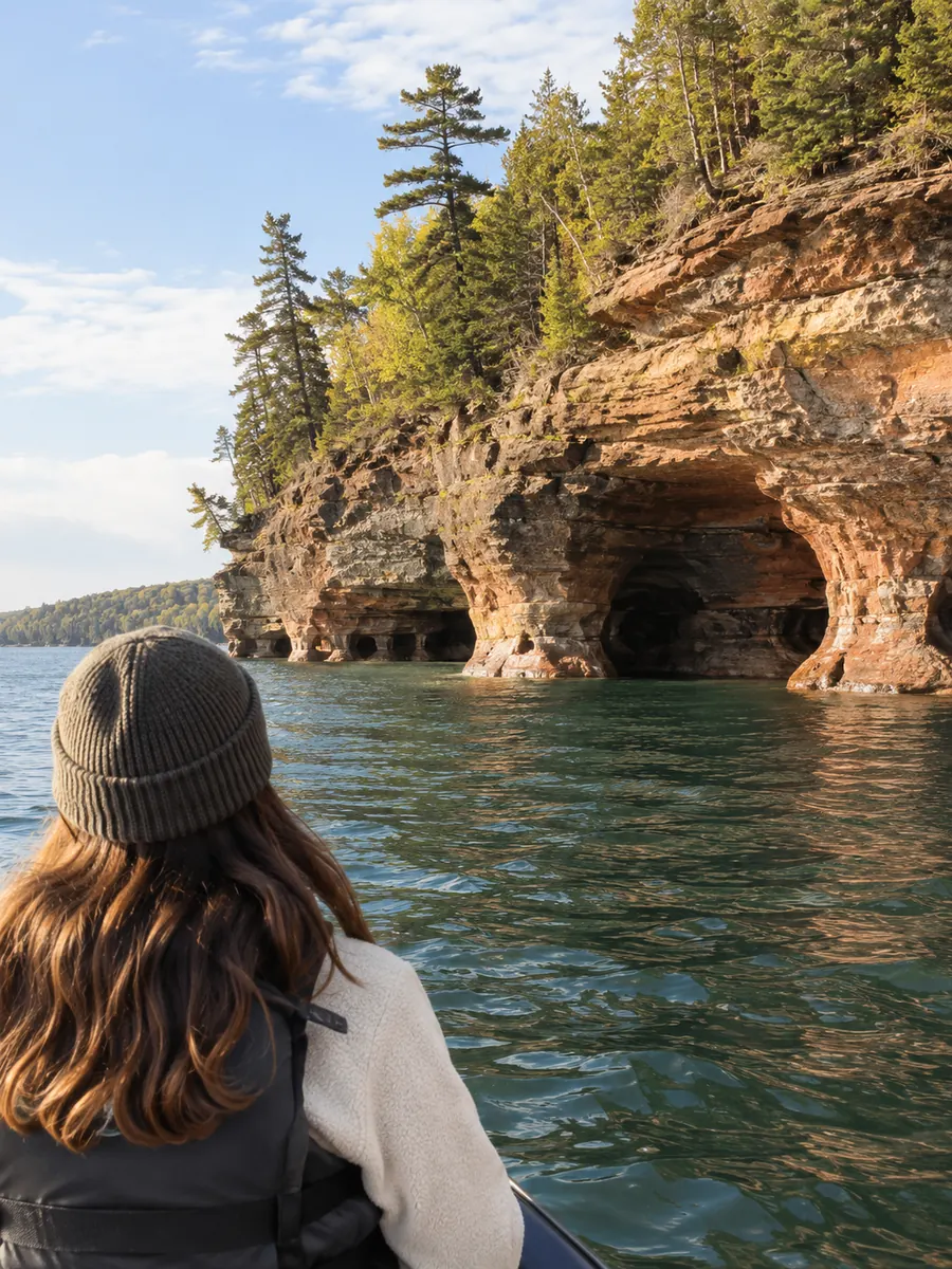 Aussicht auf das Apostle Islands National Lakeshore und die Seegrotten am Meyers Beach